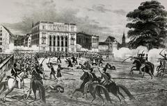 Historical scene of the Züriputsch 1839 with dragoons attacking at Neumarkt in Zurich near Baur en Ville