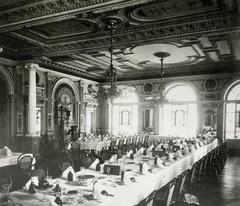 Dining room of Baur en Ville hotel in 1895 with elegant furniture and decor