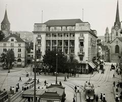 Historic Baur en Ville hotel building in Zurich around 1910