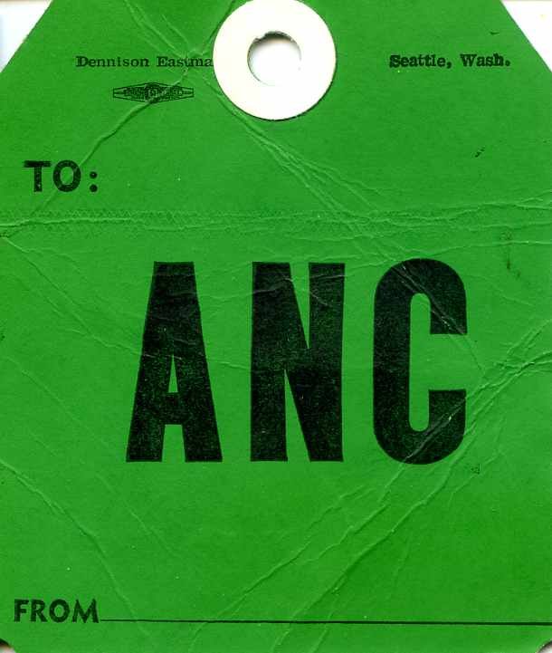 Reeve Aleutian Airways green bag tag with Anchorage destination on back from 1972