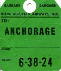 Reeve Aleutian Airways green bag tag front with destination Anchorage from 1972