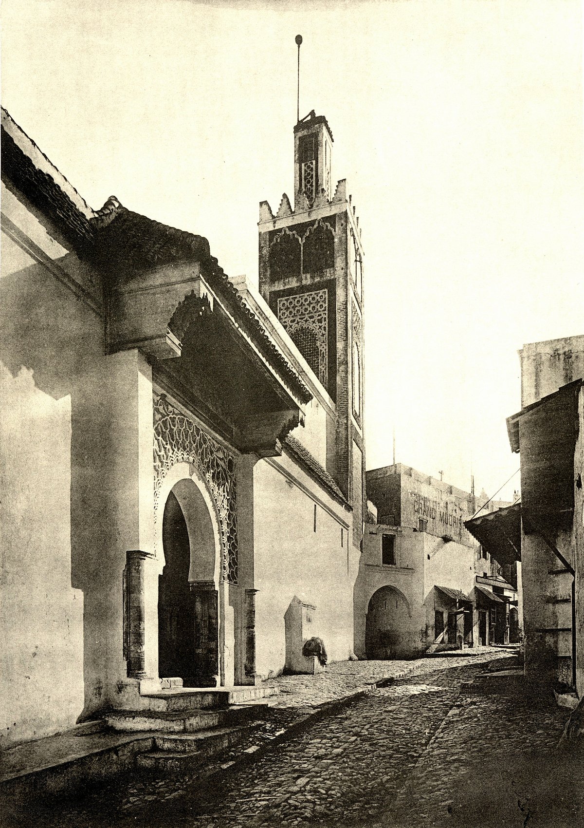 Historic mosque on the main street in Tangier with distinct architectural details