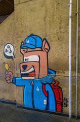 Colorful graffiti of a dog named Lalala Dog on the stairs of Tatuapé Station towards Estudantes, São Paulo, SP