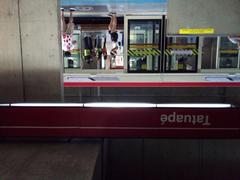Central platform of Tatuapé Station with waiting passengers and train tracks