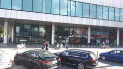 Beautiful spring scene in Warsaw with trees and buildings in May 2022