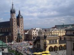 Market Square in Kraków, Poland with historic buildings and bustling crowd