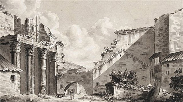 View of the Augustus Forum in Rome with the ruins of the Mars Ultor Temple