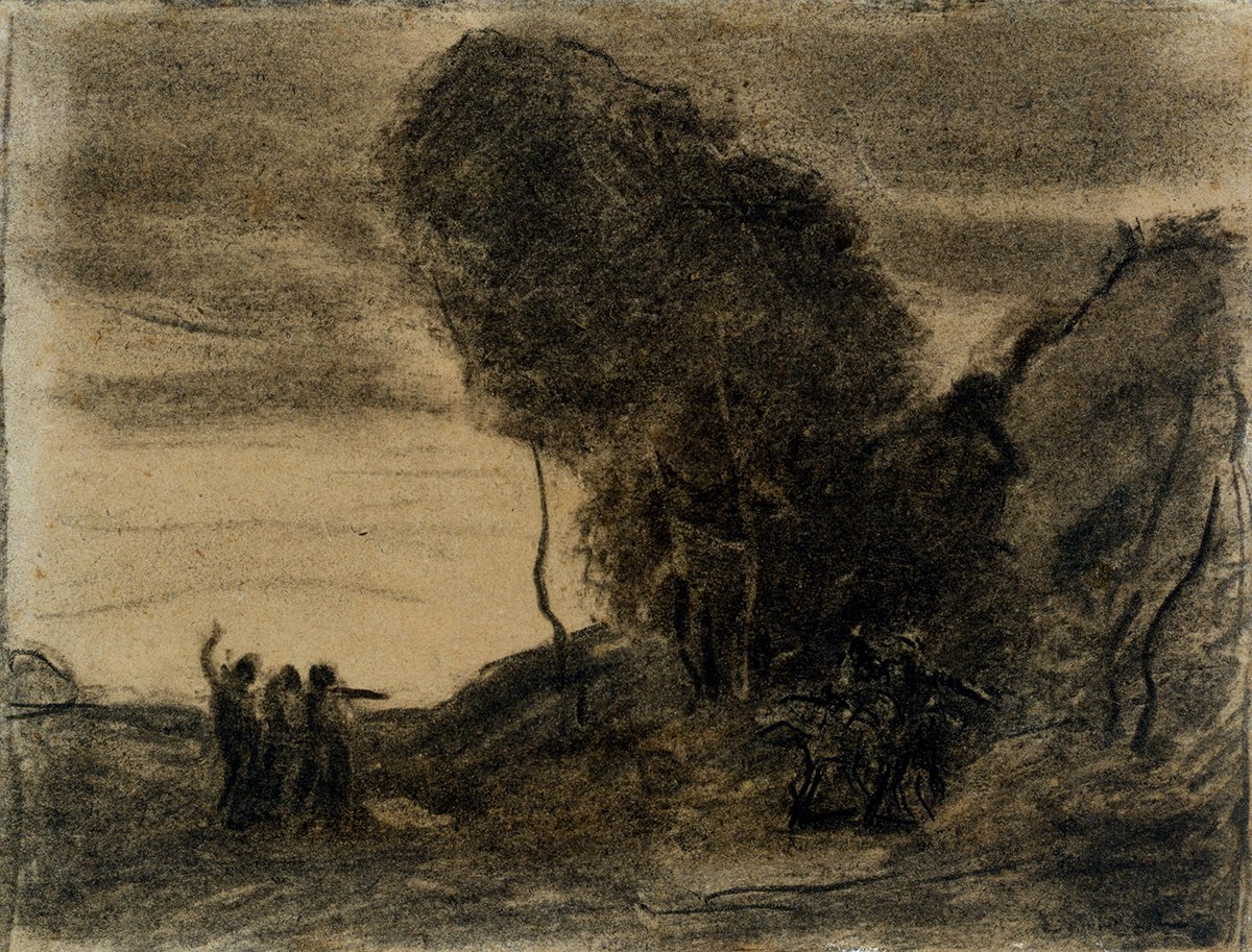 Black and white sketch of Macbeth and the witches by Camille Corot, 1859