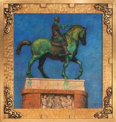 Donatello's bronze equestrian statue of condottiere Gattamelata in Padua with green patina under a deep blue sky