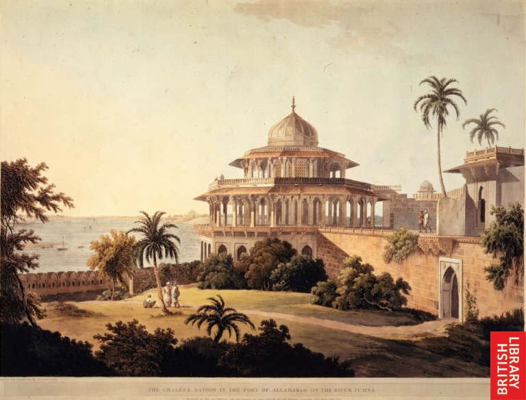 The Chalees Satoon pavilion with forty pillars at Allahabad Fort overlooking River Jumna, painted by Thomas Daniell in 1795
