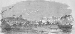Illustrated engraving of Fortress of Allahabad with a bridge of boats across the Jumna River, 1851