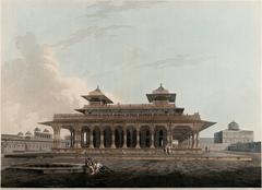Pavilion in the fort of Allahabad, Uttar Pradesh, historical colored aquatint by Thomas Daniell, 1795