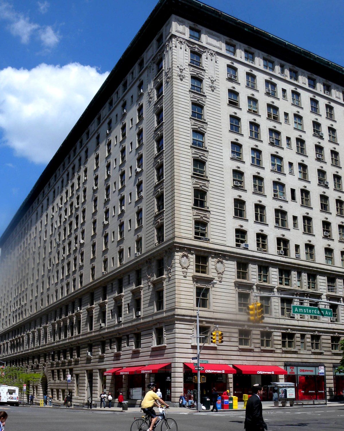 The Belnord Apartment Building on 10th Avenue at 86th Street, Manhattan, New York City under a mostly sunny sky