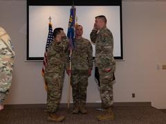 U.S. Air Force Col. David J. Wilson and Lt. Col. Nicholas Lee during 21st Logistics Readiness Squadron change of command at Peterson Air Force Base