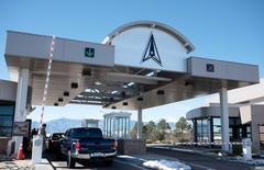 East gate entry control point at Peterson Space Force Base, Colorado with security measures in place
