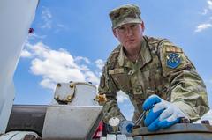 U.S. Air Force Senior Master Sgt. Justin Cruz inspecting a strainer at the water and fuels systems maintenance shop at Peterson Space Force Base