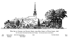 Conjectural illustration of Congress Street, Boston in 1808 showing historical buildings and street layout