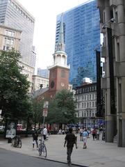 Boston city center skyline with modern and historic buildings under clear sky