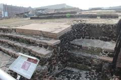 Templo Mayor Great Temple ruins in Mexico City with blue sky background