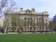 Hungarian National Bank building western facade in Budapest
