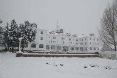 The Stanley Hotel covered in snow during February in Estes Park, Colorado