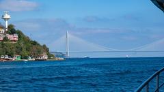 A panoramic view of Istanbul cityscape with Bosphorus Bridge and water with boats