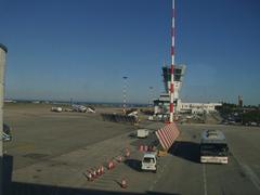 Aerial view of Bari Airport with runways and terminal buildings under a clear blue sky