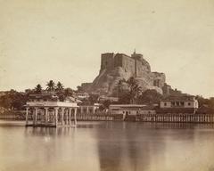 Aerial view of Teppakulam tank and Rockfort hill in Trichinopoly
