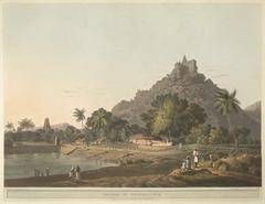 Historic aquatint depicting fortification-like pagodas at Trinchicunum on a sacred hill in Tamil Nadu surrounded by groves of coconut, mango, and tamarind trees