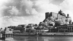 Rock Fort Temple in Tiruchirapalli, Trichy with ancient architectural structures on a rocky hill