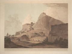 Southeast view of the rock at Tiruchchirappalli showing staircase to Shiva temple complex with cave-temples and dilapidated fort wall