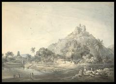 Temples on hilltop at Trinchicanom (Madras) surrounded by trees and stone fortifications