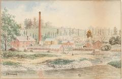 Watercolour painting of Todmorden Mills historic buildings in Toronto with Don River valley scenery
