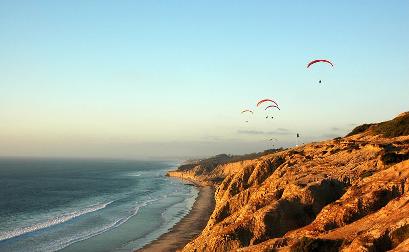 Torrey Pines State Beach sandy shoreline with waves and cliffs in San Diego