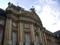 Main entrance architecture and sculptures of the Prince-Bishop's residence palace in Münster, Westphalia, Germany