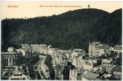 Historic view of Karlsbad featuring old and new meadows with Freundschaftshöhe hill