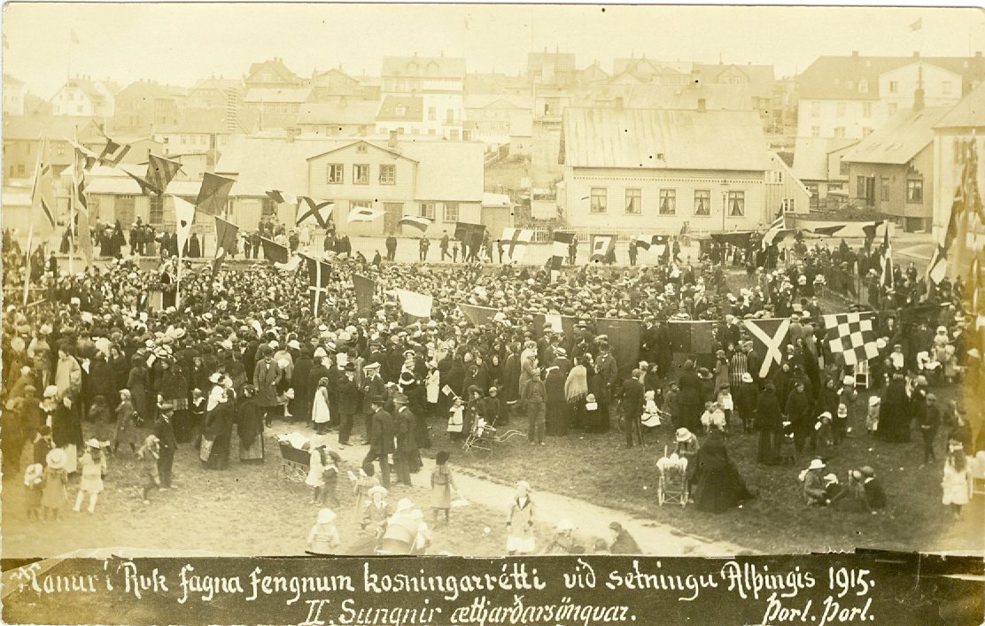 Historical gathering in Austurvöllur-square Reykjavík celebrating women's suffrage on July 7, 1915