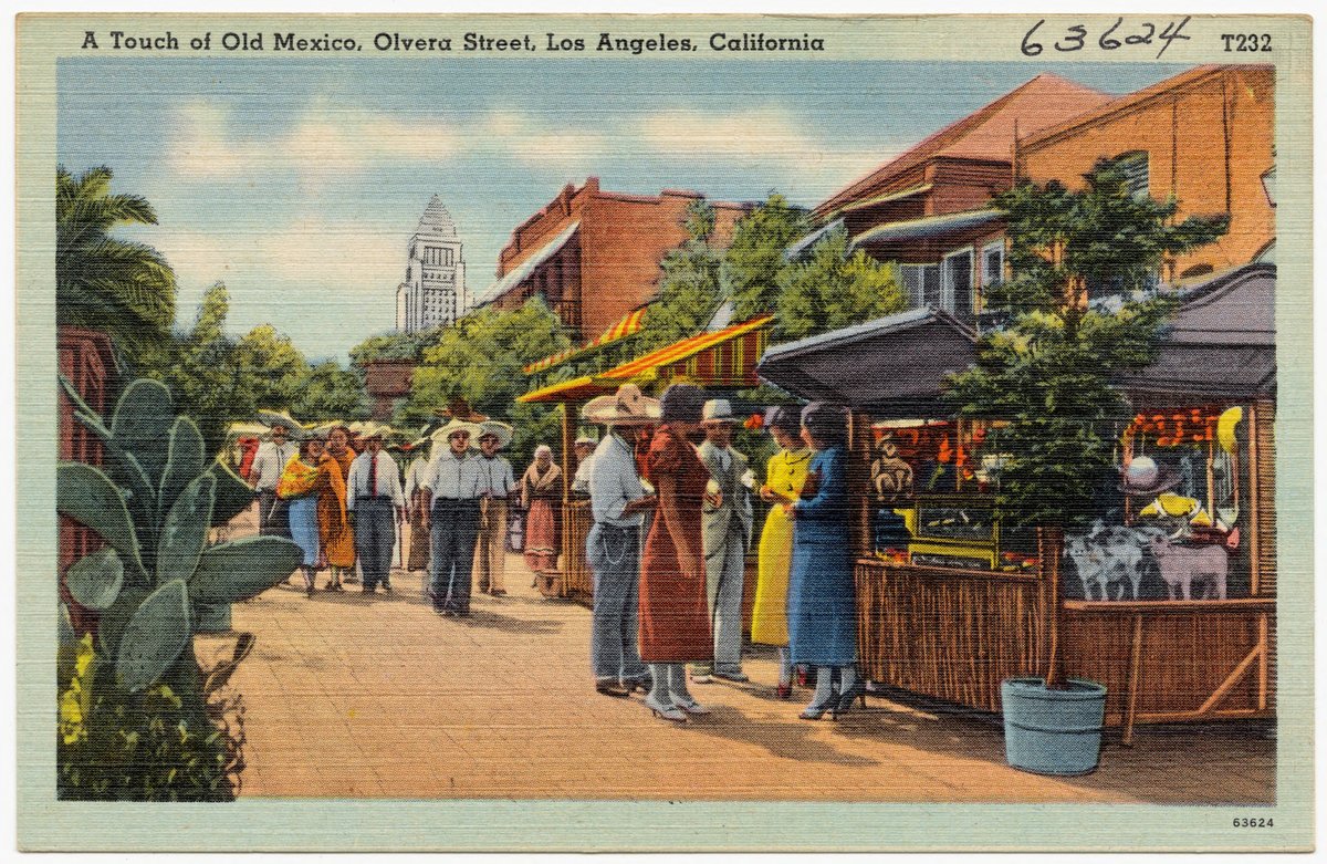 Colorful street scene with traditional Mexican decorations and architecture on Olvera Street in Los Angeles, California