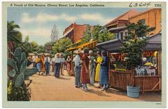 Colorful street scene with traditional Mexican decorations and architecture on Olvera Street in Los Angeles, California