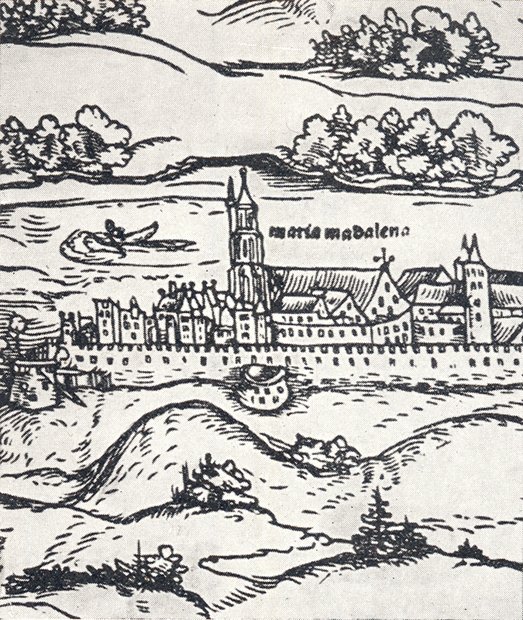 Wood engraving of Church of Mary Magdalene in Budapest, 1541