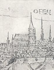 Engraving of the Church of Mary Magdalene in Budapest in 1598 showing the church tower with a clock among Turkish minarets during the Turkish invasion