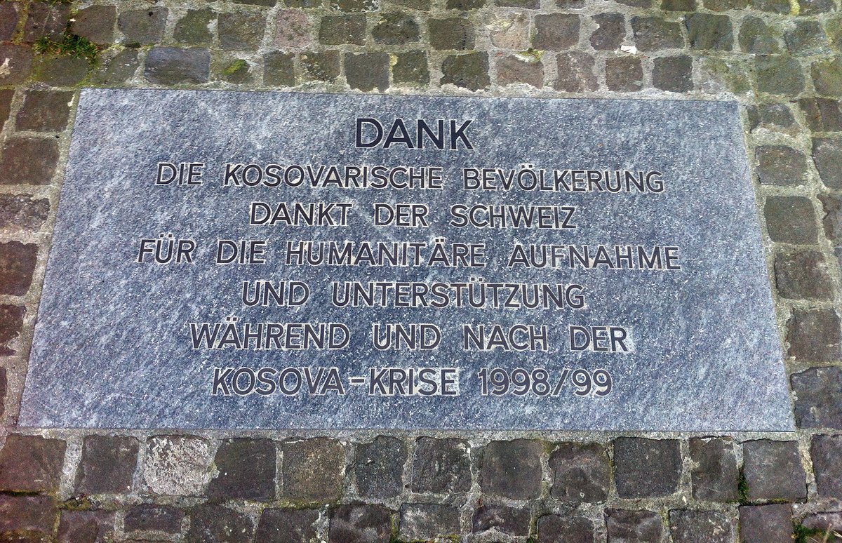 Plaque thanking Swiss people for humanitarian support during Kosovo war 1998-99 in Zurich