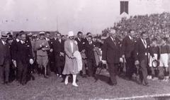 Inauguration of Stadio Filadelfia with Count Marone di Cinzano, Princess Maria Adelaide, and Duke of Aosta, historic black and white photo