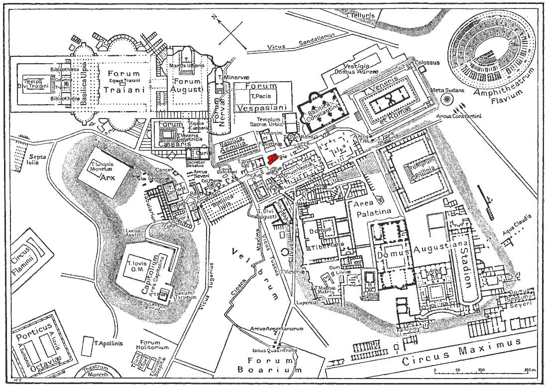 Antique map of downtown Rome highlighting the Regia building
