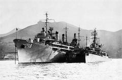 U.S. Navy destroyer tender USS Sierra AD-18 in Souda Bay with USS Cassin Young DD-793 and unknown ship