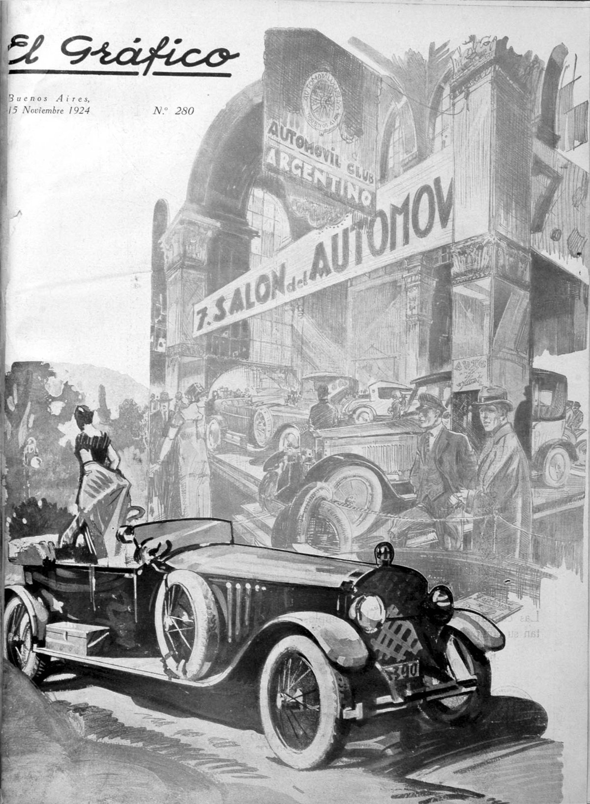 Vintage illustration featuring automobiles and people crossing a busy city street