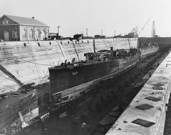 USS Ingraham (DD-111) destroyer under construction in dry dock at Union Iron Works Hunters Point Yard, San Francisco, 1918