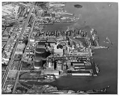 Aerial view of Bethlehem Union Iron Works shipyard in 1945 with ships and industrial facilities