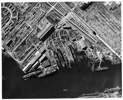 Aerial view of Bethlehem Alameda shipyard in 1944 showing berths and industrial buildings