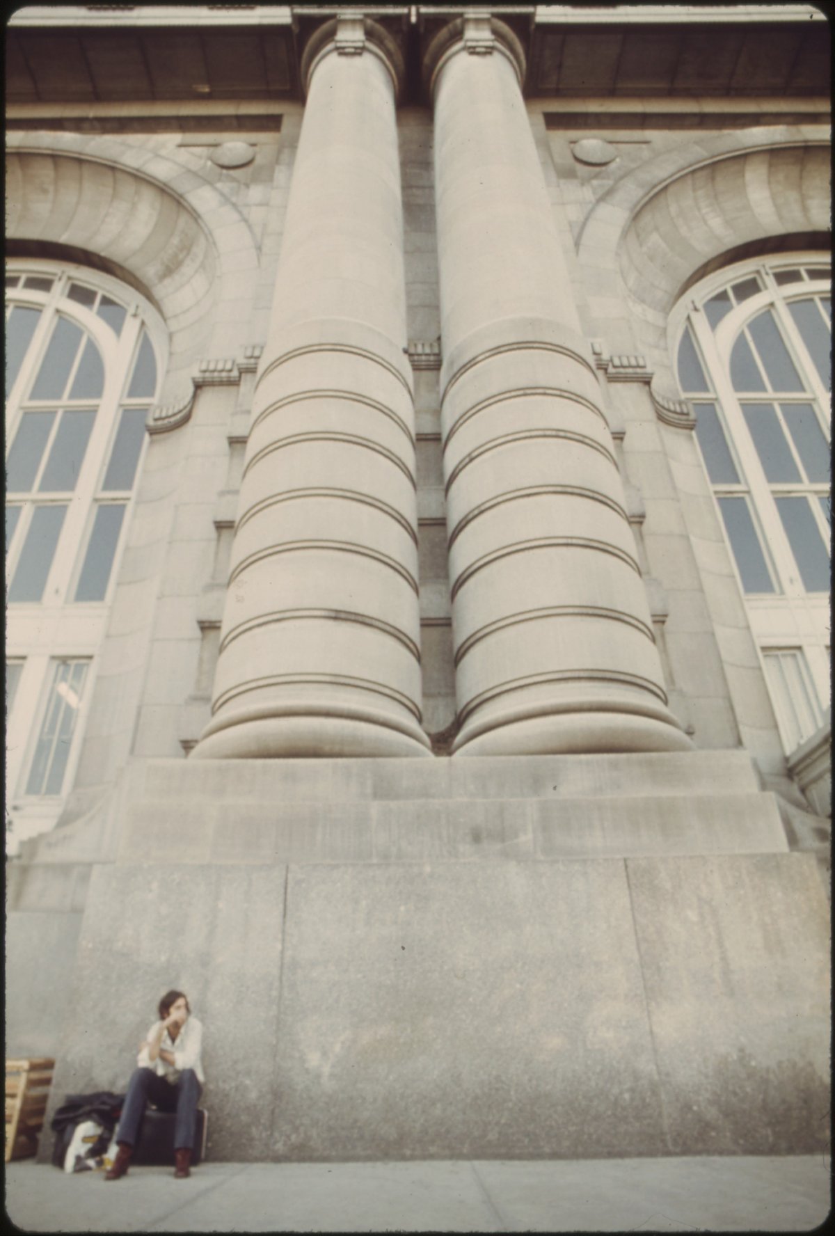 Massive stone columns in front of Union Station in Kansas City Missouri